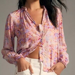ANTHROPOLOGIE Cloth & Stone Ruffle-Neck Buttondown Watercolor Printed Blouse Top